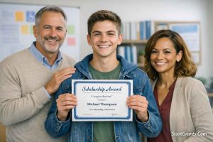 A high school senior with a learning disability proudly holding an NCLD scholarship award letter, surrounded by supportive teachers