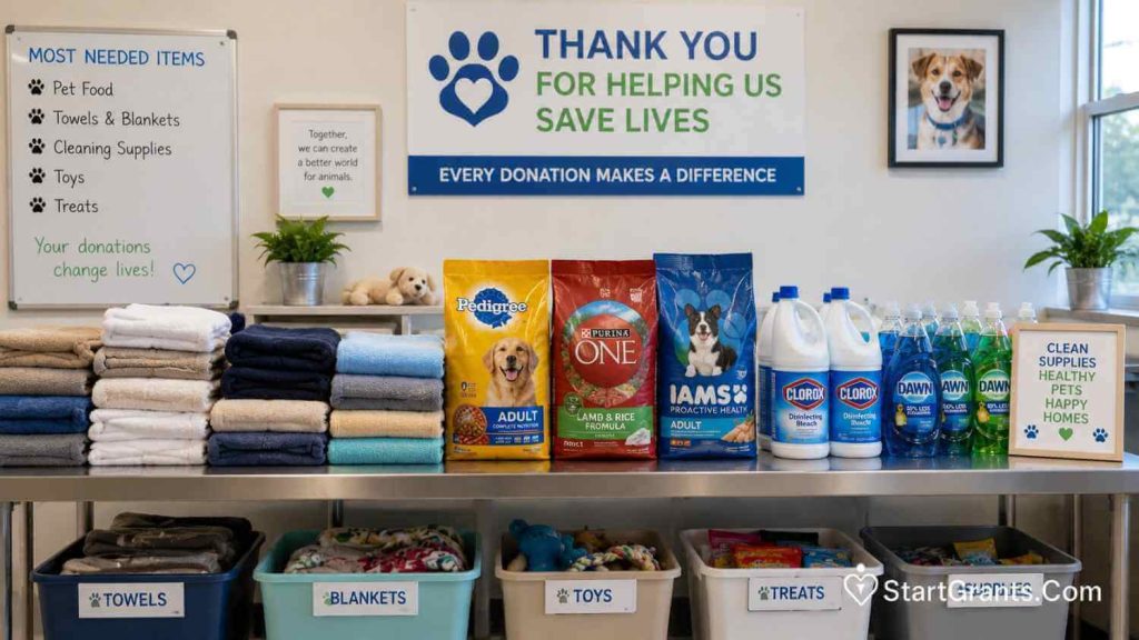 An organized pile of necessary donation items including towels, pet food, and cleaning supplies at an animal shelter.