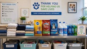 An organized pile of necessary donation items including towels, pet food, and cleaning supplies at an animal shelter.