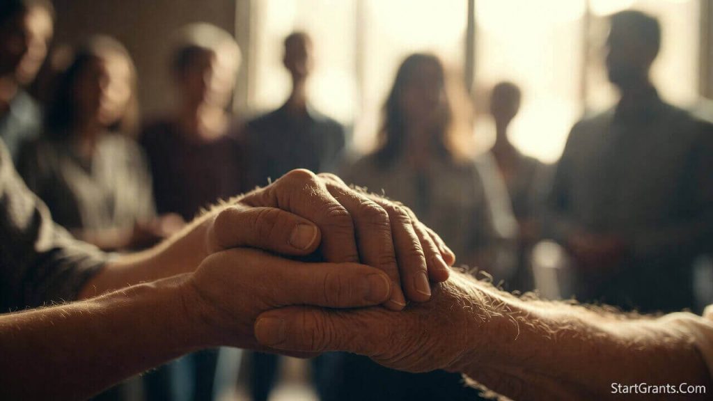 A comforting close-up photograph of an older oncology social worker holding the hand of a grieving younger family member, representing support during a time of medical debt and bereavement.