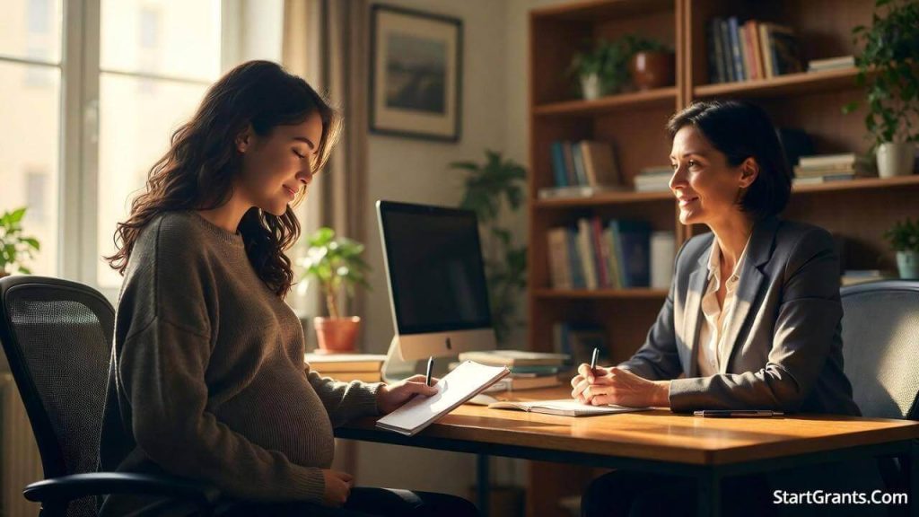 A pregnant college student discussing her financial aid and academic rights with a supportive university counselor