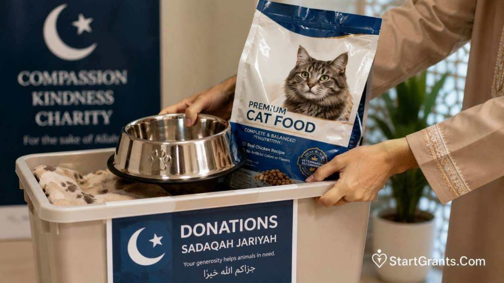 Donating physical pet supplies to an animal shelter as a form of Islamic Sadaqah.