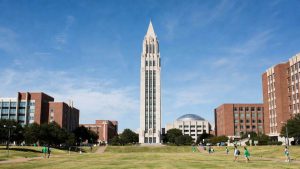 McConnell Tower at the University of North Texas, the central hub for general academic scholarship information.