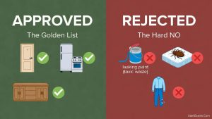 An infographic detailing what Habitat for Humanity ReStore accepts, like appliances and doors, versus what they reject, like mattresses and toxic paint.