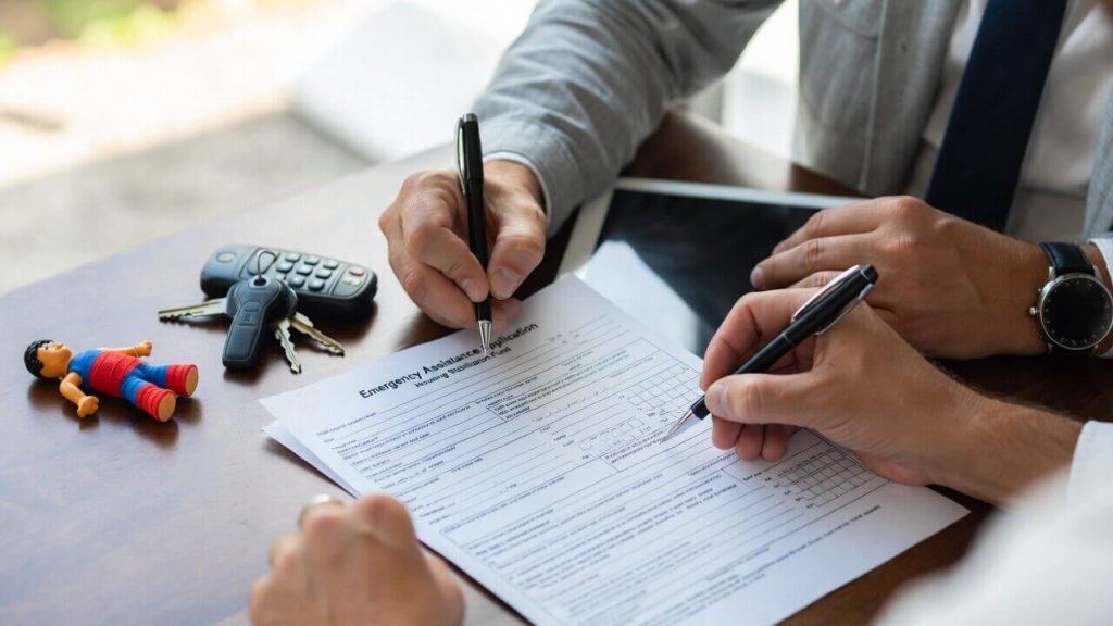 A parent filling out an application for emergency cash assistance (TANF/Diversion Cash) at a social services office.