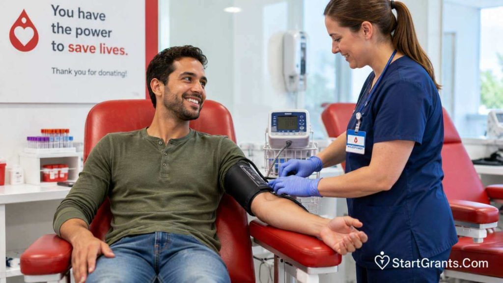A phlebotomist screening a patient before a blood donation.