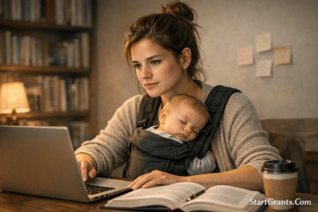 A determined teenage single mother studying at a college library while gently holding her sleeping baby.