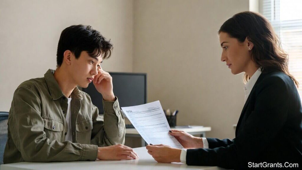 A college student consulting with a compassionate financial aid officer to recalculate their FAFSA after the death of a parent.