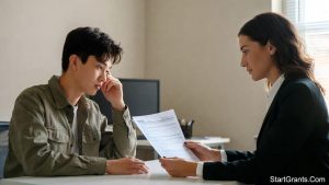 A college student consulting with a compassionate financial aid officer to recalculate their FAFSA after the death of a parent.