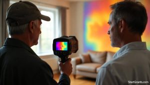 A professional energy auditor inspecting a house before applying for energy efficiency grants for homeowners.