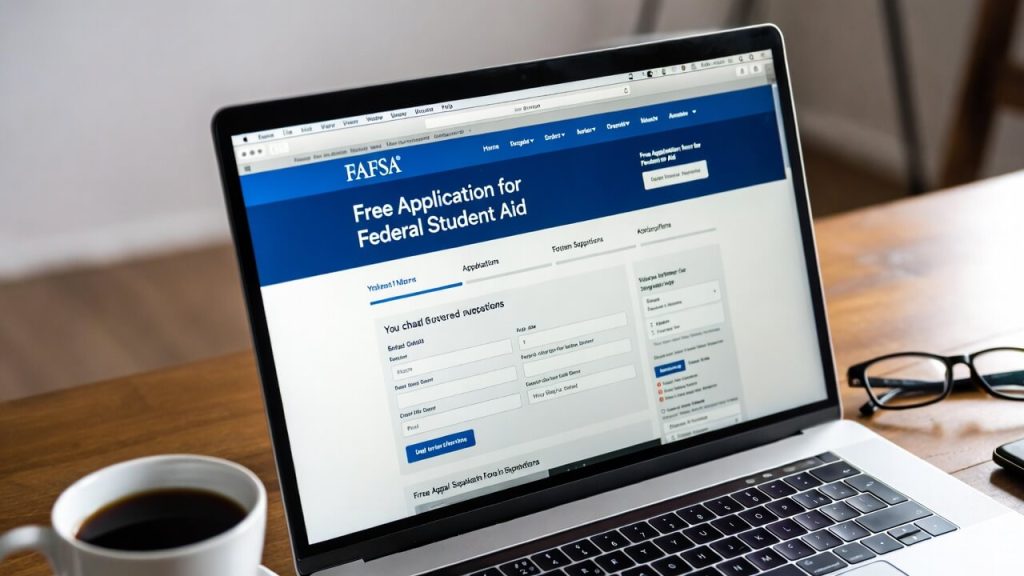 Close-up of a laptop screen displaying the official StudentAid.gov FAFSA homepage.