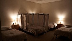 A church classroom converted into a comfortable, safe sleeping space for a homeless family through the Family Promise program.
