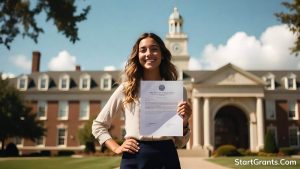 A college student who experienced foster care smiling confidently while holding a state tuition waiver approval letter on campus.