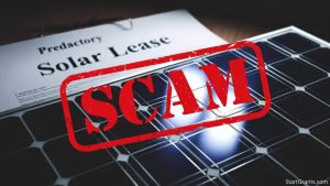 A warning graphic exposing the predatory free government solar panel lease scam.