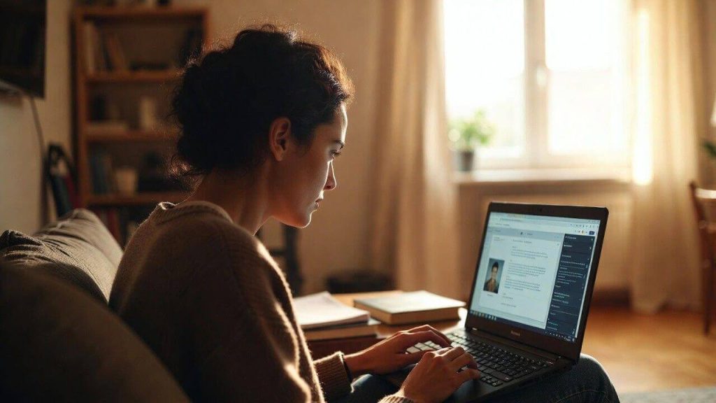 A focused adult learner studying an online course on a laptop at home, funded by a government grant