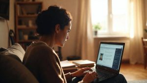 A focused adult learner studying an online course on a laptop at home, funded by a government grant