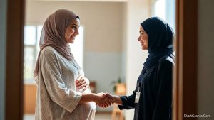 A pregnant Muslim woman receiving Halal emergency rent assistance through local Zakat funds.