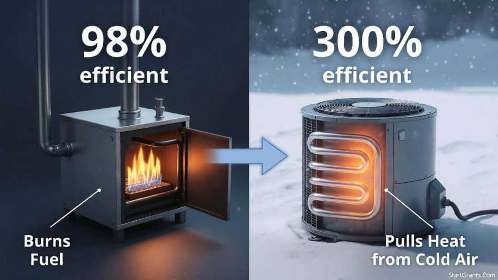 A diagram comparing the 300 percent efficiency of a heat pump to the lower efficiency of a traditional gas furnace.
