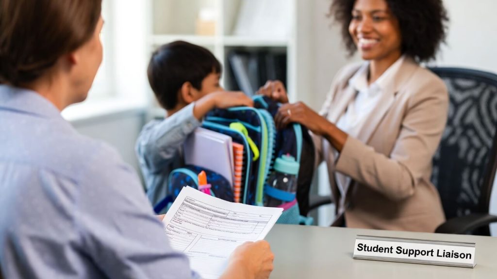A McKinney-Vento Homeless Liaison at a school helping register a homeless student and providing free school supplies.