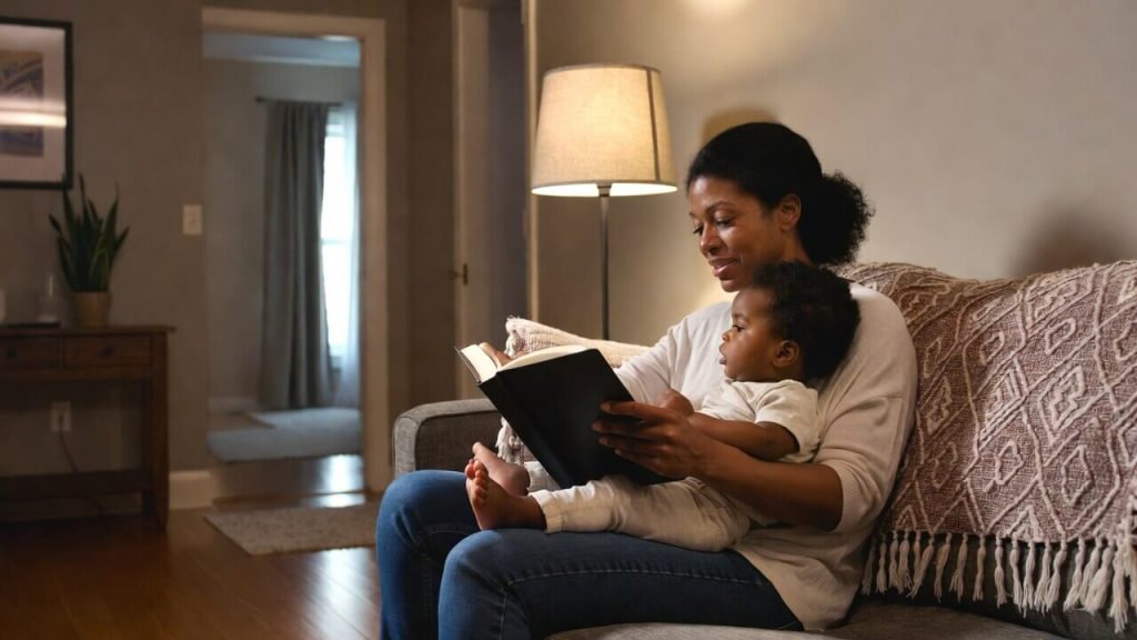 A mother reading to her young child in the living area of a safe family transitional housing unit.