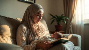A mother attempting to read a college textbook while holding a baby on her lap.