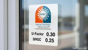 A close-up of an NFRC window label showing U-Factor and SHGC ratings required for tax credits.