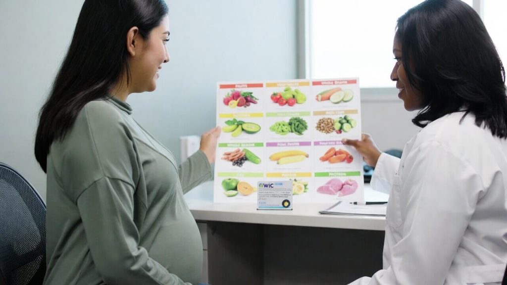 A pregnant woman consulting with a WIC worker to receive nutritional assistance and free formula.