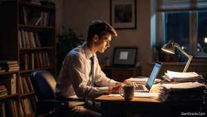 A dedicated public defender working late in a legal aid office, relying on a university Loan Repayment Assistance Program (LRAP) to manage their law school debt.