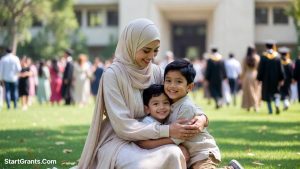 A proud single mother in a graduation cap and gown hugging her two children after the ceremony.