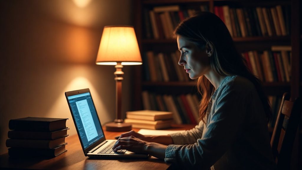 A determined single mother studying on a laptop at a clean kitchen table late at night, with a sleeping toddler visible in the background.