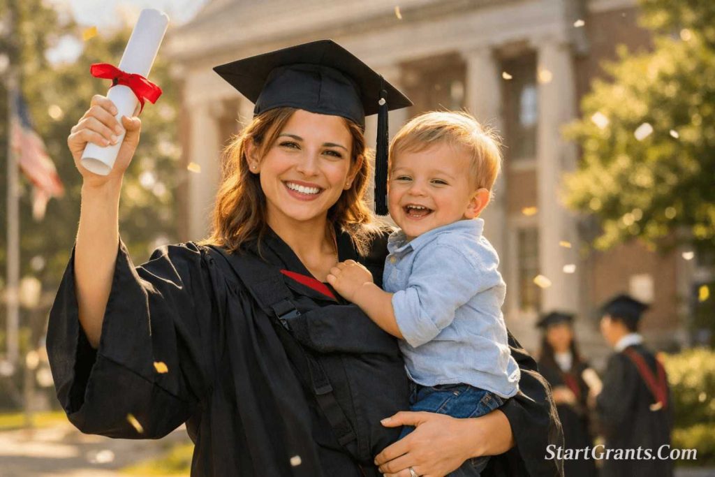 A proud single teenage mother in a college graduation gown holding her young child and her university diploma.