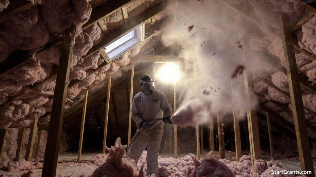 A contractor installing free attic insulation funded by the federal Weatherization Assistance Program.