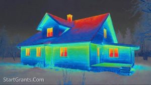 Infrared thermographic image showing massive heat loss through inefficient single-pane windows.