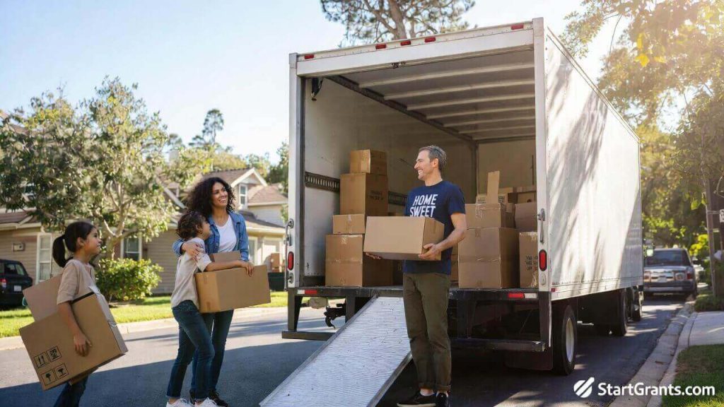 A low-income family successfully using the best grants for moving and housing expenses to move into their new apartment.