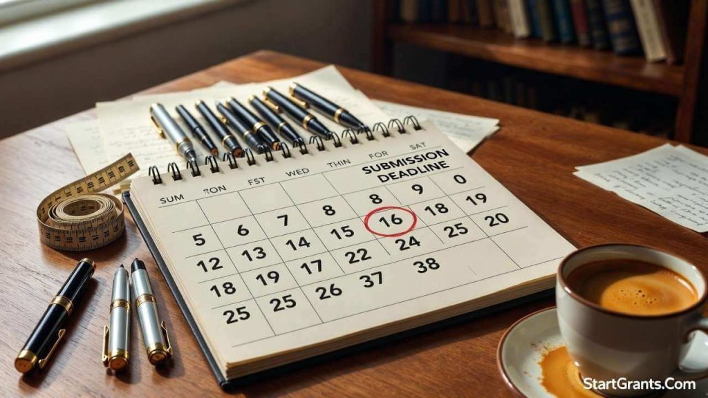 A chic flat-lay of a calendar highlighting a submission deadline next to fashion design tools