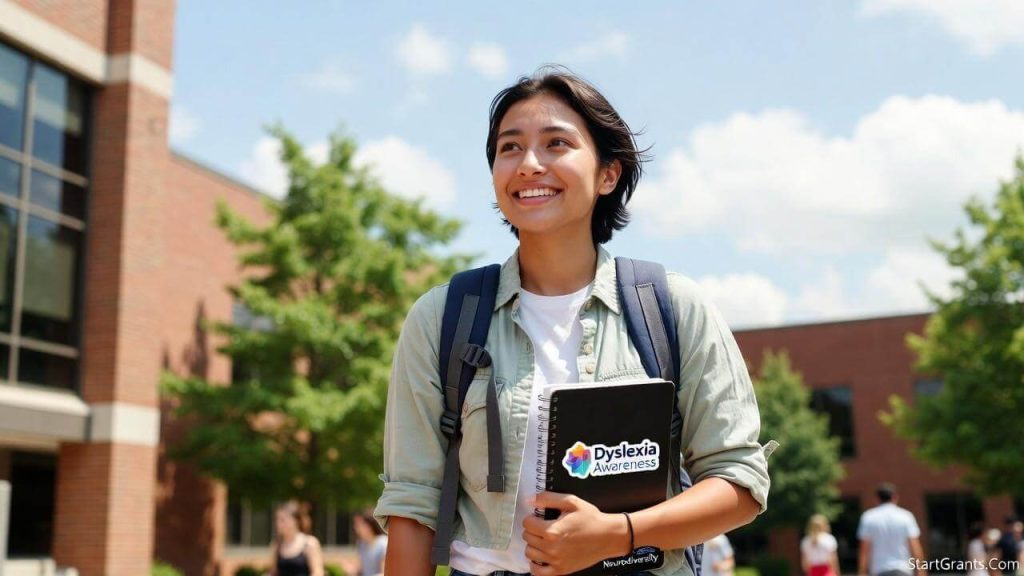 A confident neurodivergent college student walking on campus holding a notebook