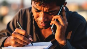 Person calling 2-1-1 emergency hotline for homeless shelter assistance.