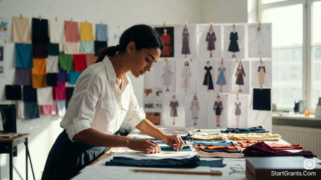 A fashion design student working on a scholarship portfolio in a bright studio
