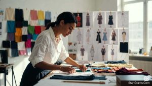 A fashion design student working on a scholarship portfolio in a bright studio