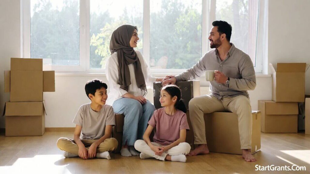 A Muslim American family sitting in their new living room, purchased using a combination of DPA grants and halal home financing.