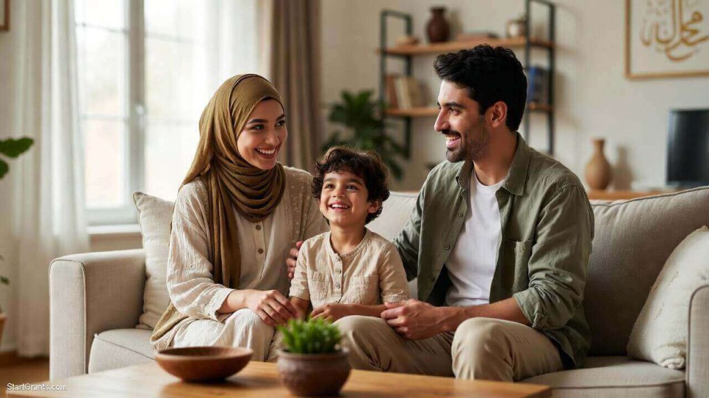 A Muslim family moving into a new home using Halal Zakat funds to pay for moving expenses.