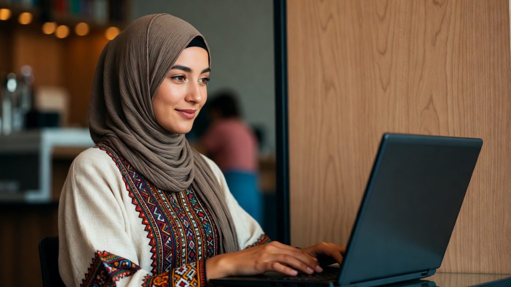 Immigrant woman entrepreneur searching for small business grants on a laptop.