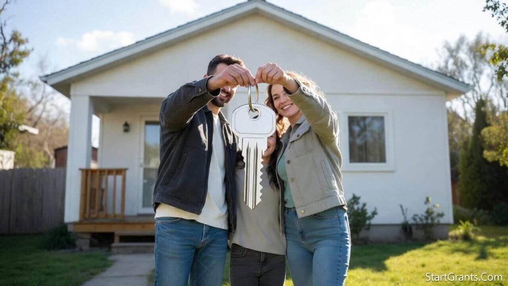 A happy working-class family unlocking the door to their new house using low income first time home buyer grants.