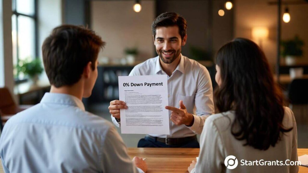A couple reviewing NACA program documents with a housing counselor for a zero down payment mortgage.