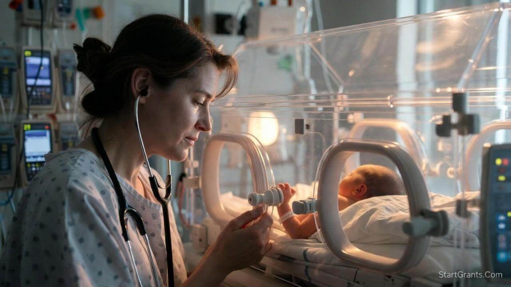 A parent gently holding the hand of their premature baby inside a NICU incubator