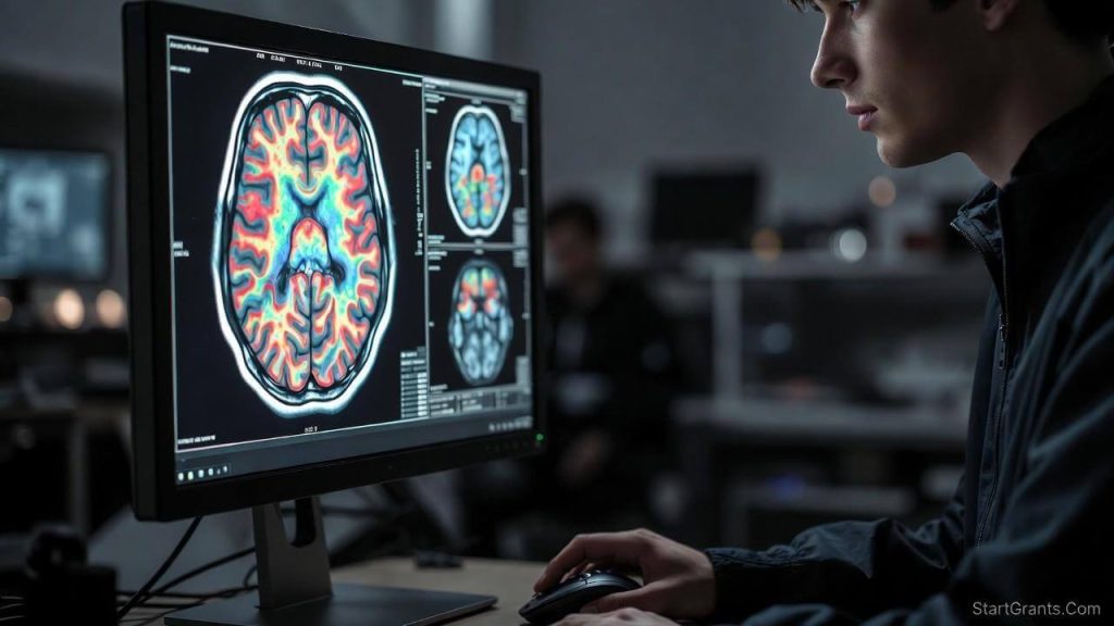 A neuropsychology student analyzing brain scan results for a scholarship research project.