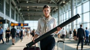 A graduate student stands confidently in an airport terminal holding a presentation poster tube, funded by a university travel grant.
