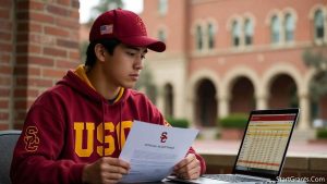 A newly admitted USC undergraduate student reviewing their financial aid award letter and calculating the remaining cost of attendance on a laptop.