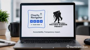 A laptop screen showing the Charity Navigator 4-star rating for the Wounded Warrior Project.
