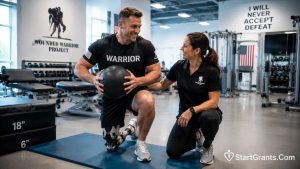 A wounded veteran with a prosthetic limb exercising with a physical therapist.